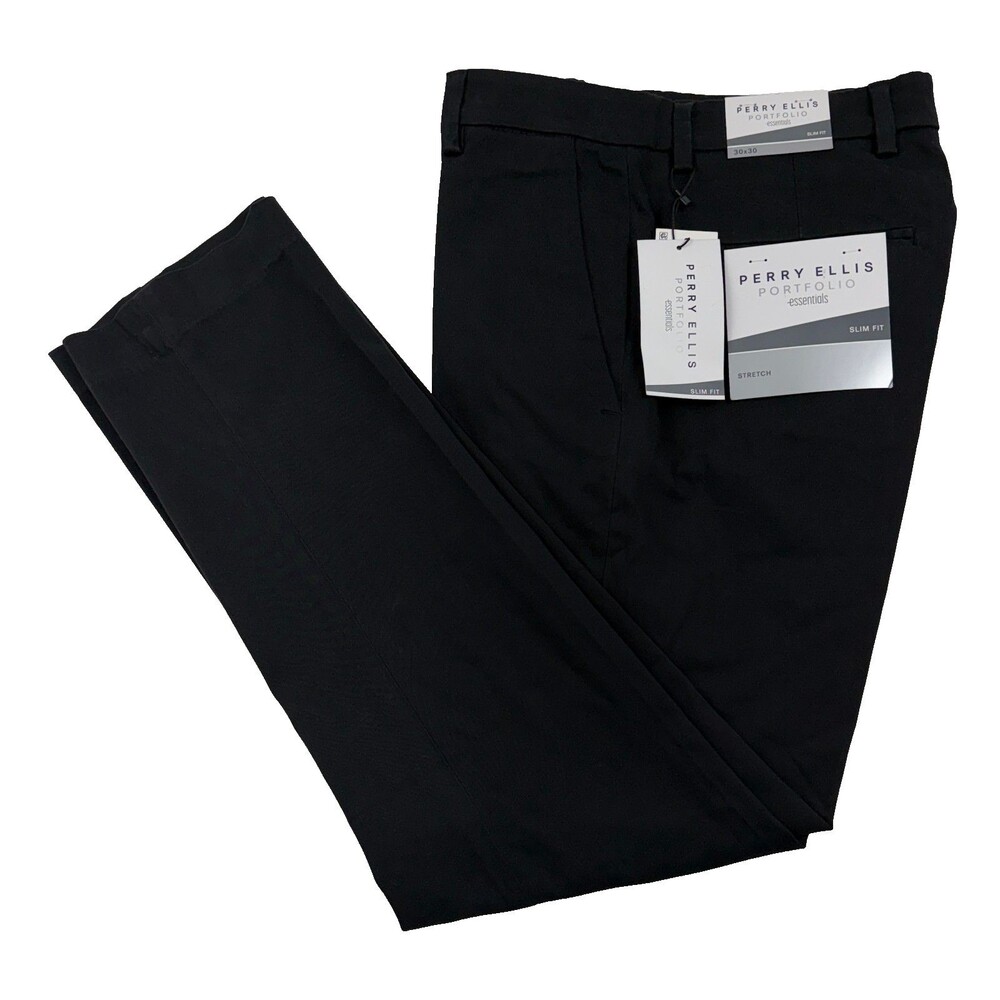 $95 NEW PERRY ELLIS PORTFOLIO Mens 30x30 Solid Black Stretch Khaki/Chino Pants